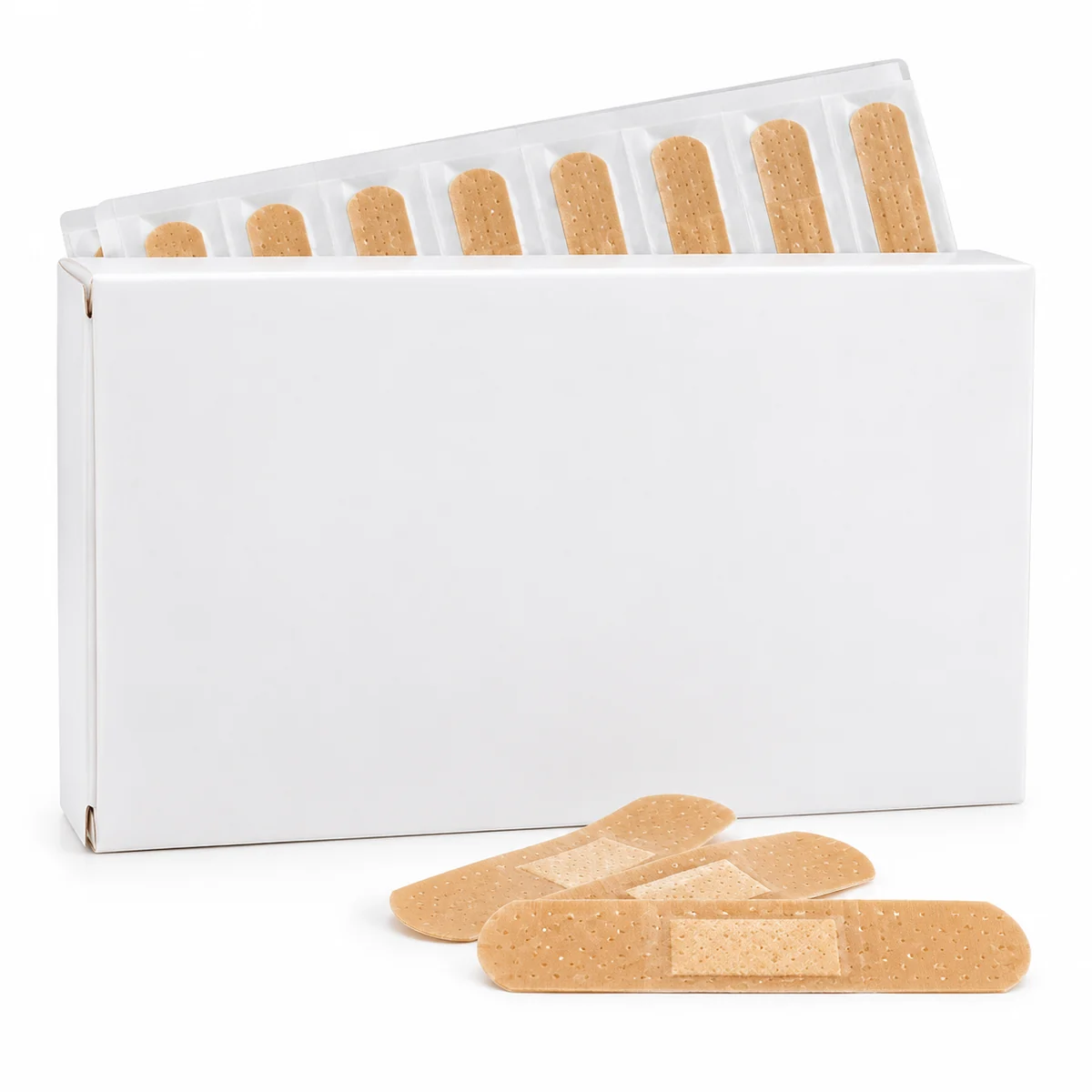 A plain white box with tan adhesive bandage strips, on a white background
