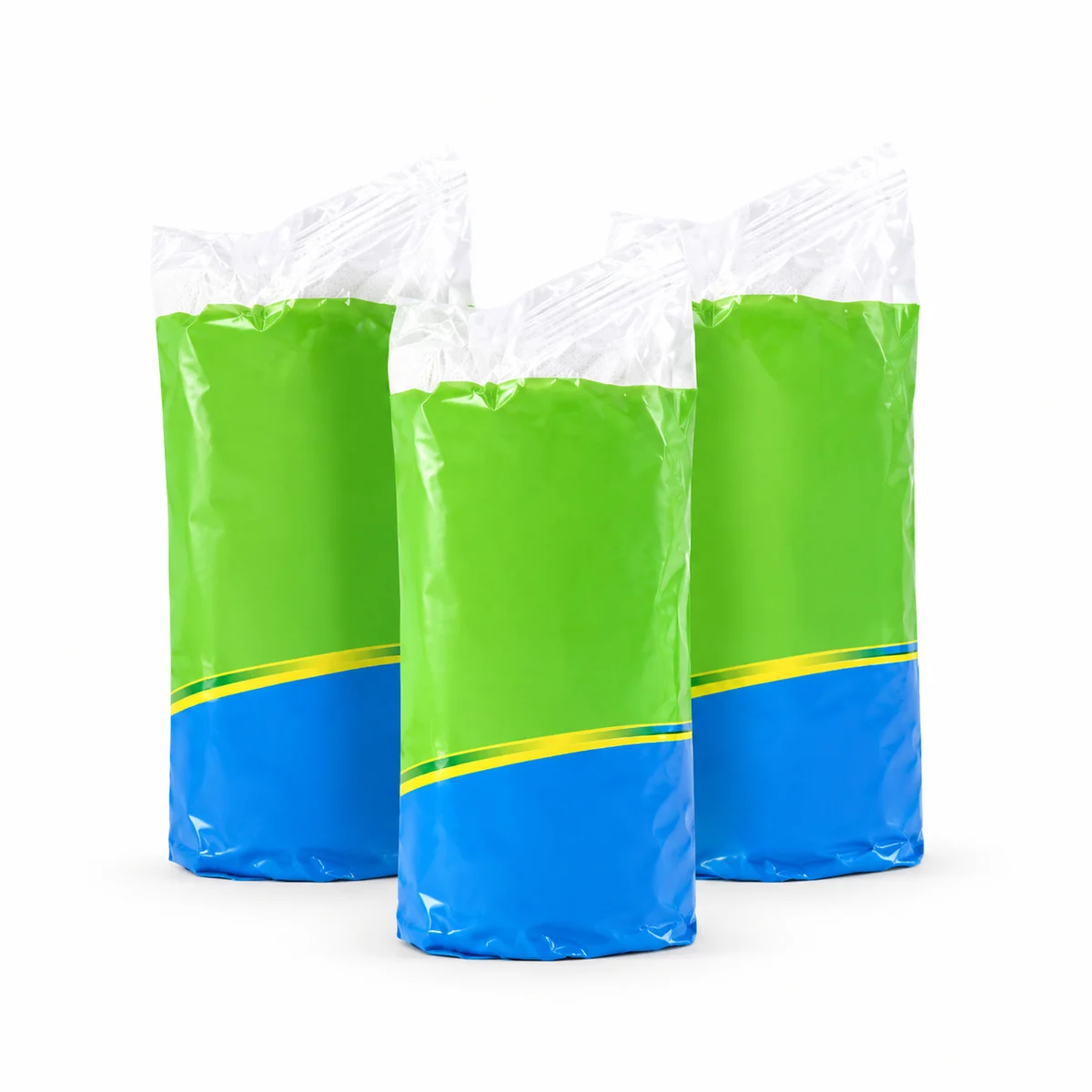 Three wrapped elastic bandage rolls in blue and green sleeves, on a white background