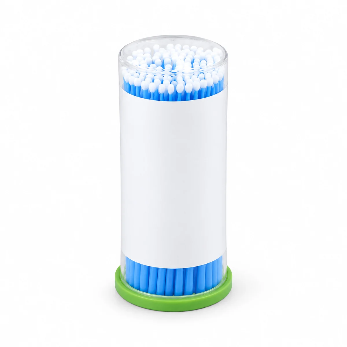 A tub of disposable dental applicator brushes with blue tips, on a white background