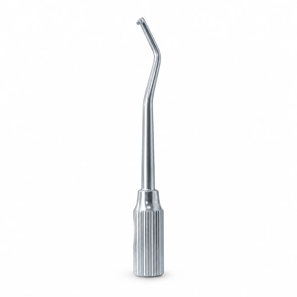 Stainless steel dental crown remover with a bent tip, on a white background