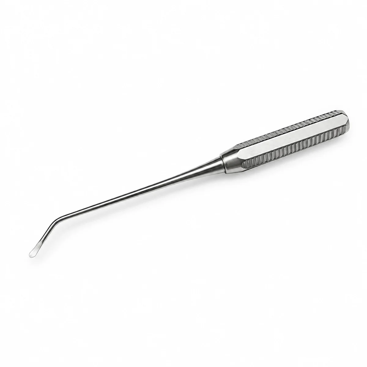 Stainless steel dental excavator with a thin curved working end, on a white background