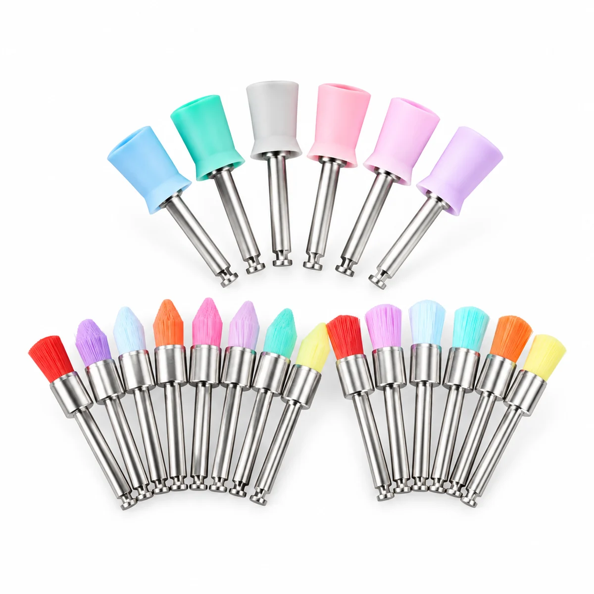 Colour-coded dental prophylaxis brushes with metal shanks, on a white background