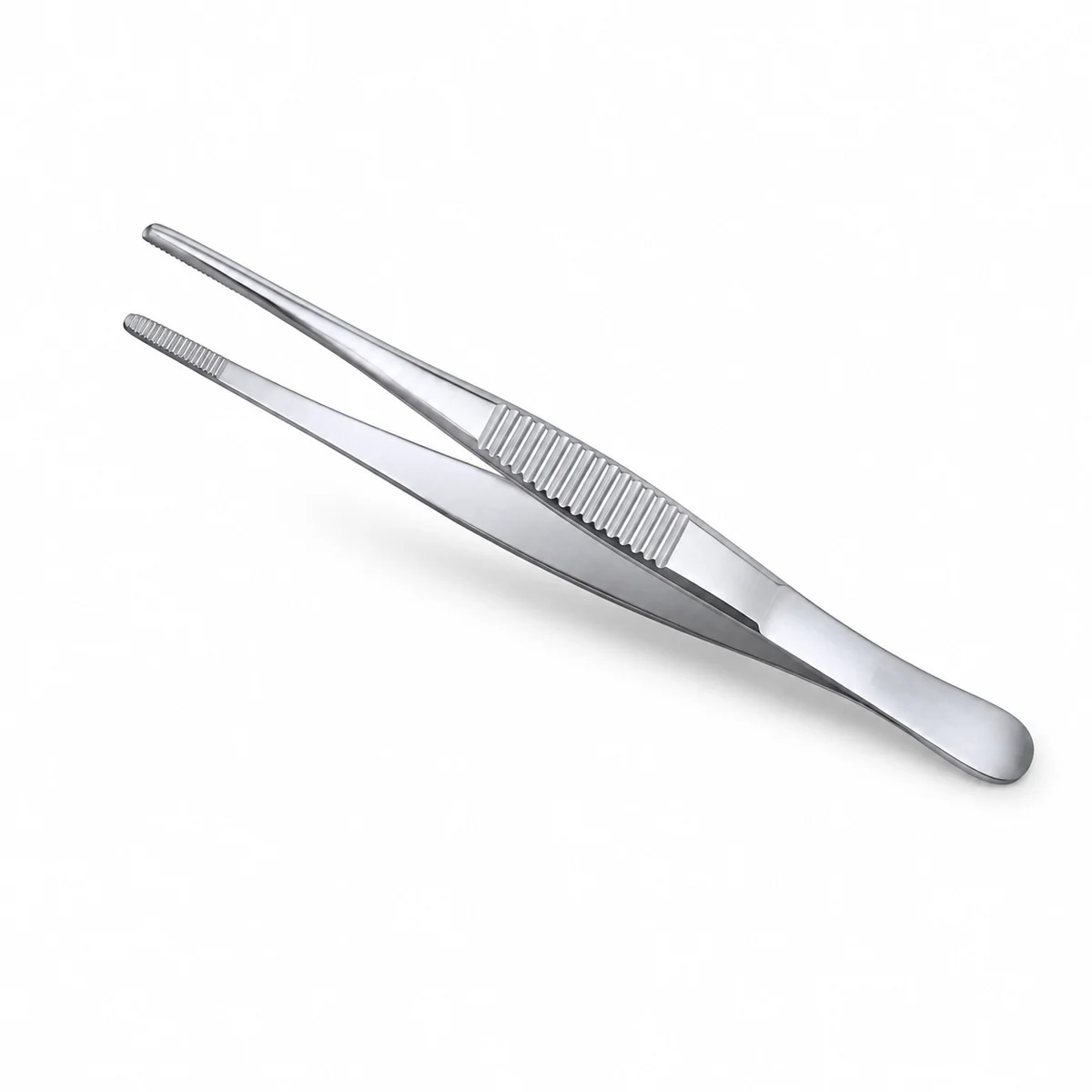 Stainless steel toothed dressing forceps with a serrated grip, on a white background