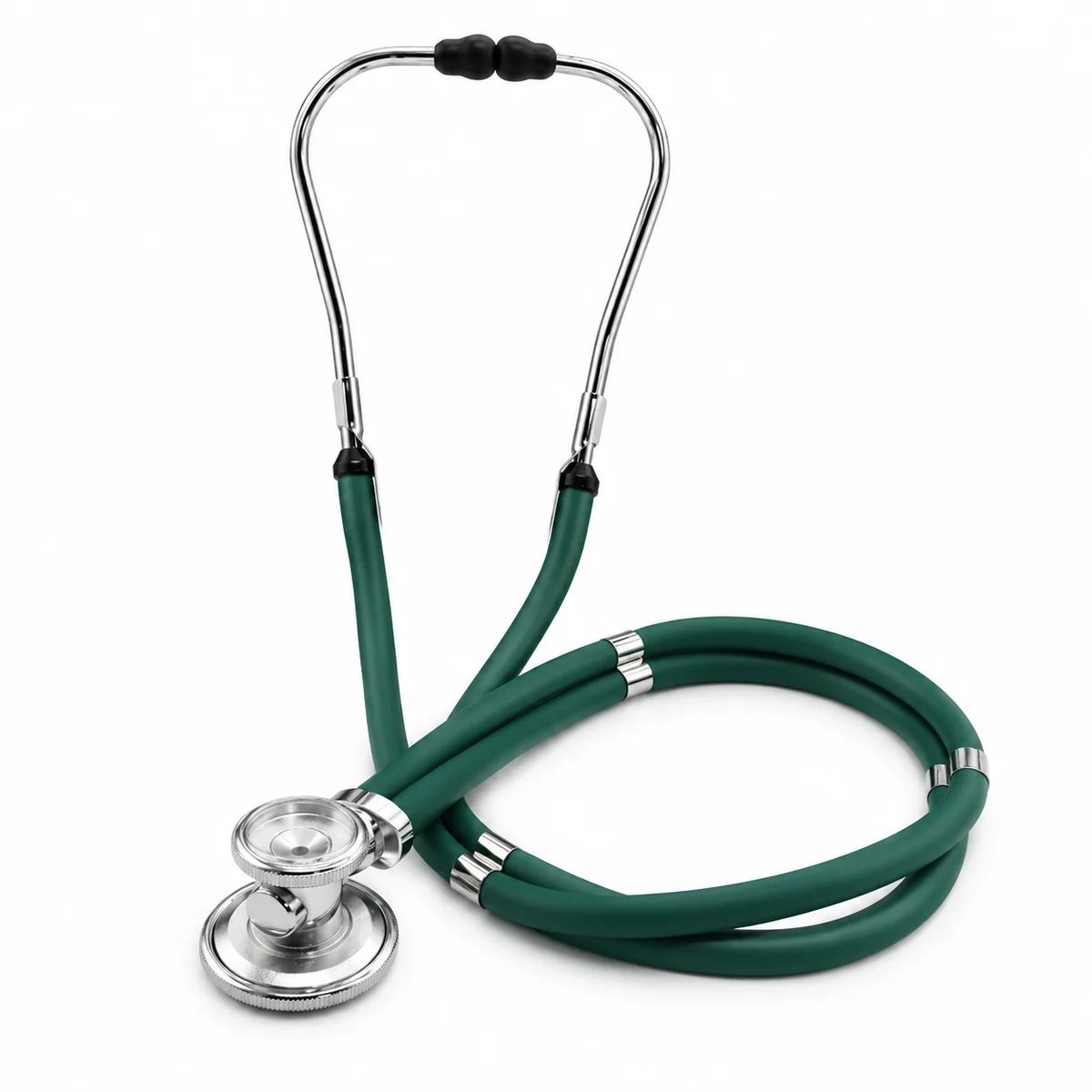 Dark green dual-tube manual stethoscope with a silver chest piece, on a white background