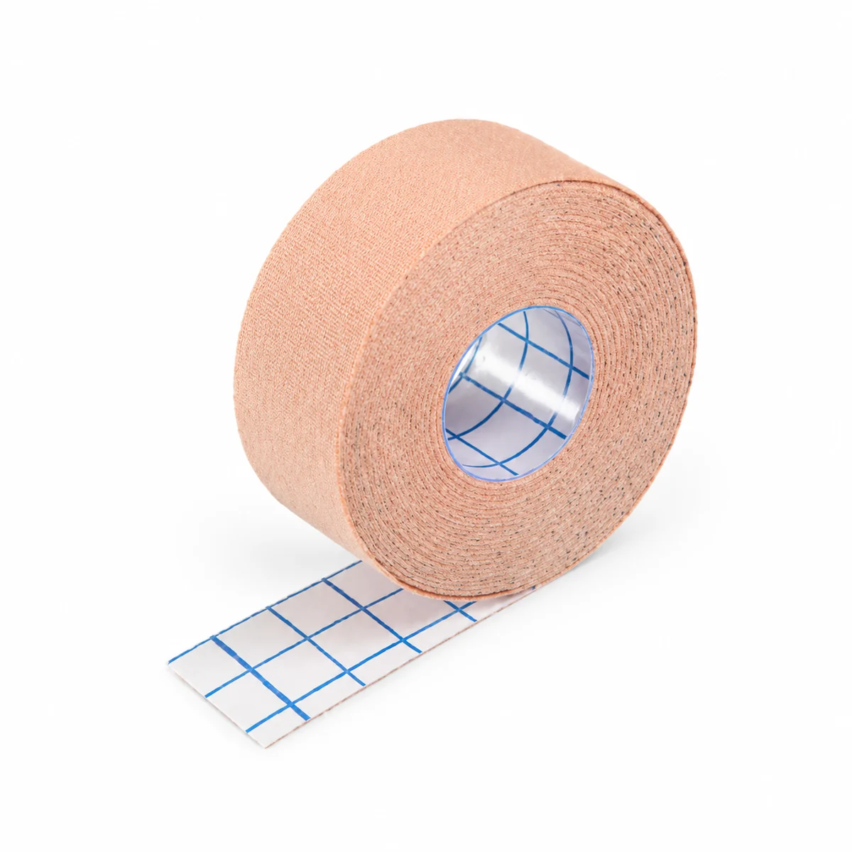 Roll of skin-tone elastic medical tape with a gridded transparent liner strip, on a white background