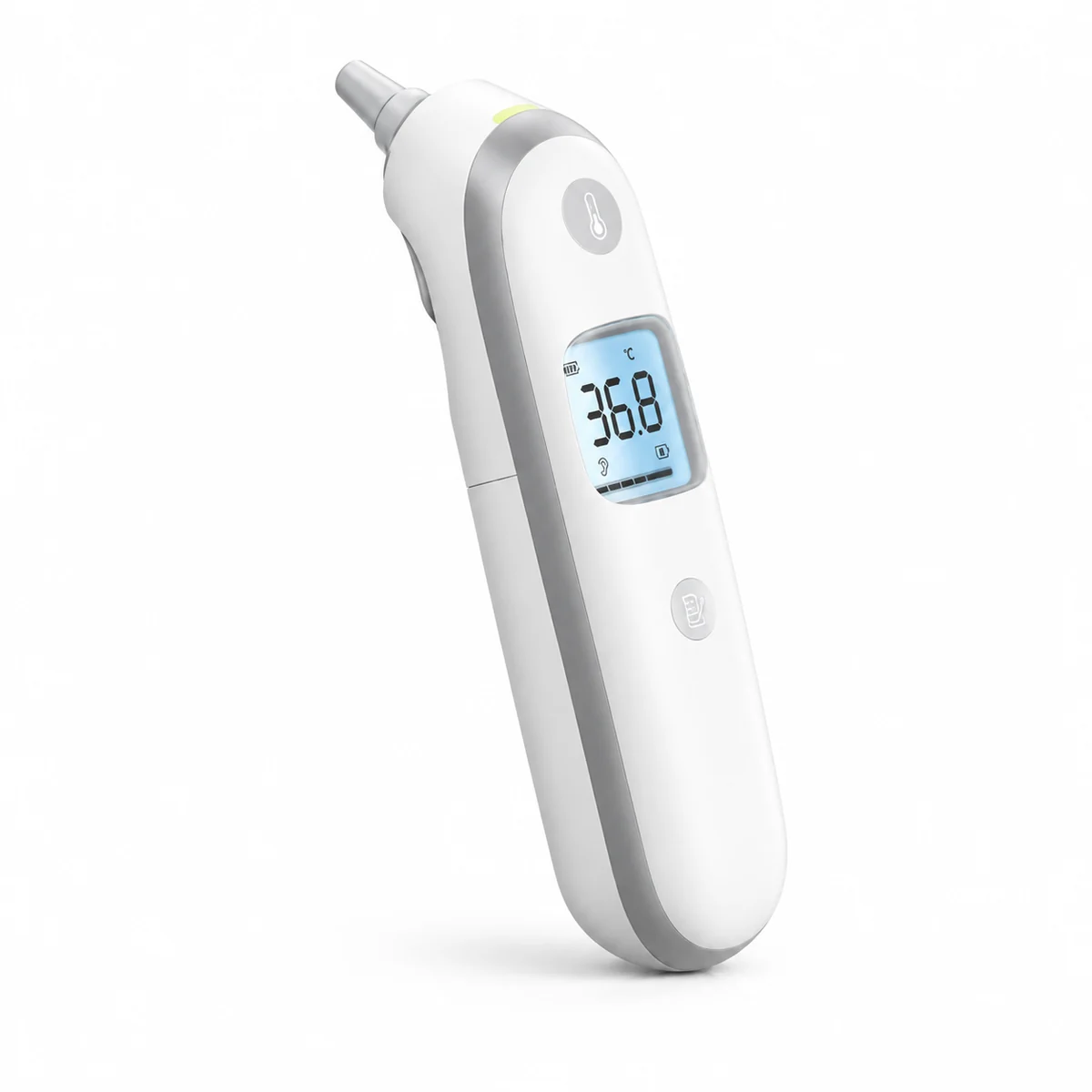 White infrared ear thermometer with a display and a probe tip, on a white background