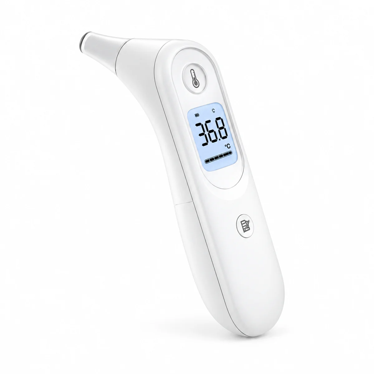 White infrared ear thermometer with a display and a probe tip, on a white background