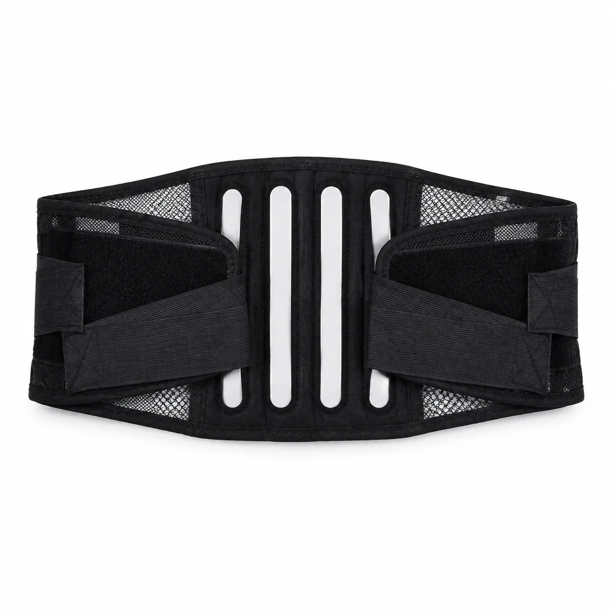 Black mesh lumbar support belt with vertical stays and a hook-and-loop strap, on a white background