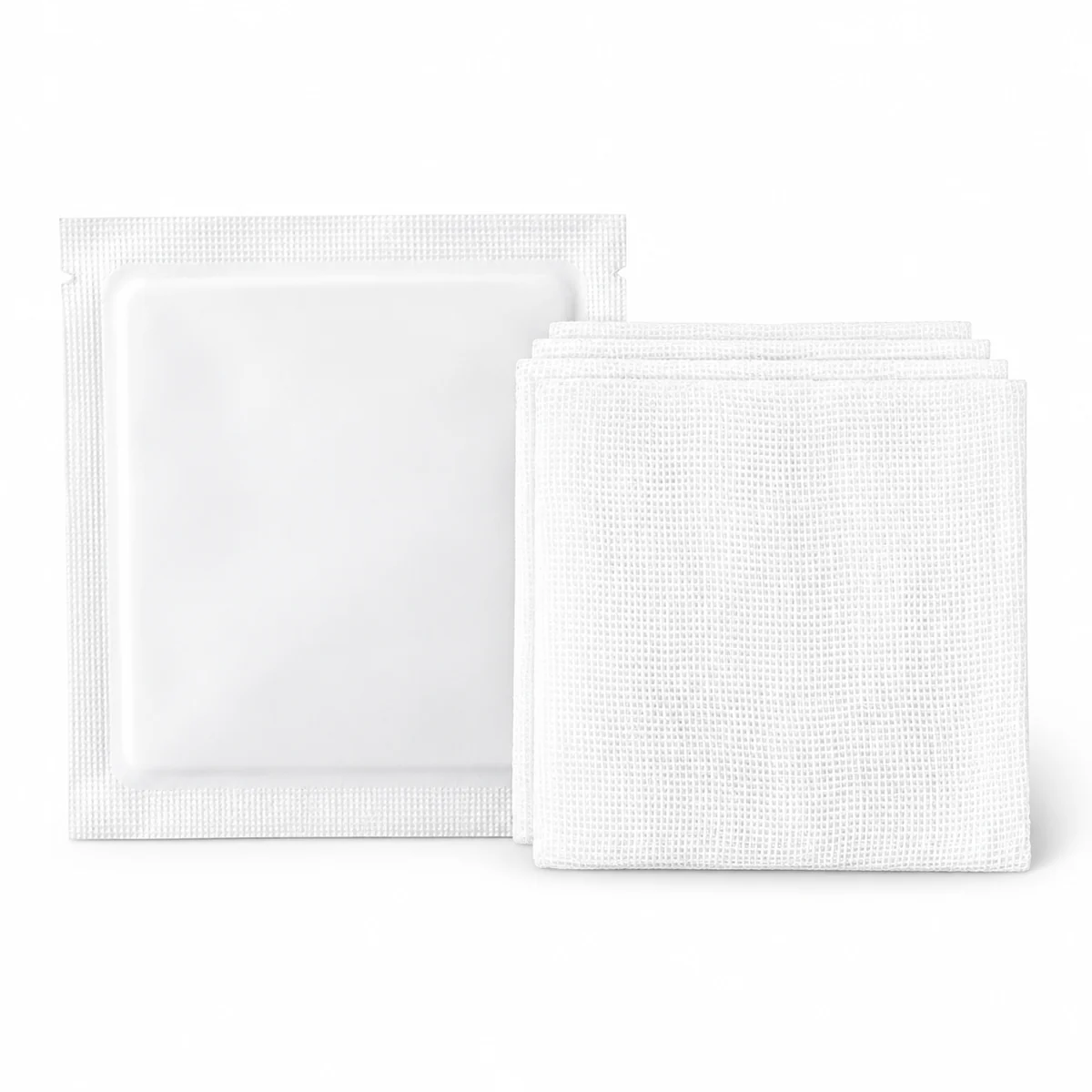 Sterile woven gauze pads and a sealed pouch, on a white background