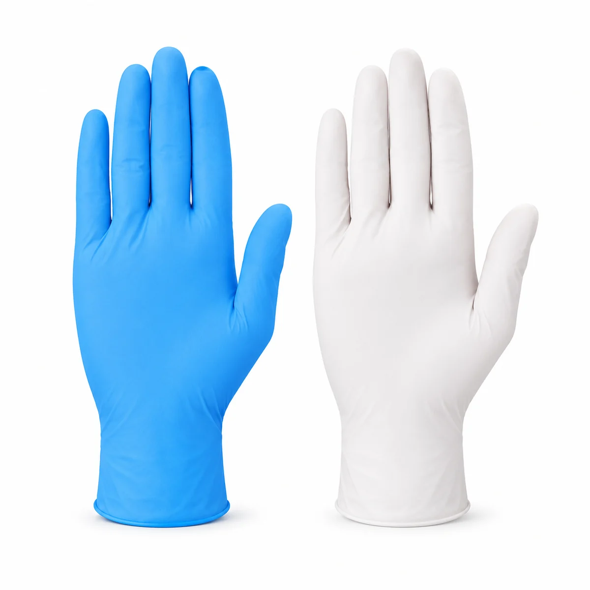 A blue and a white disposable nitrile examination glove, on a white background