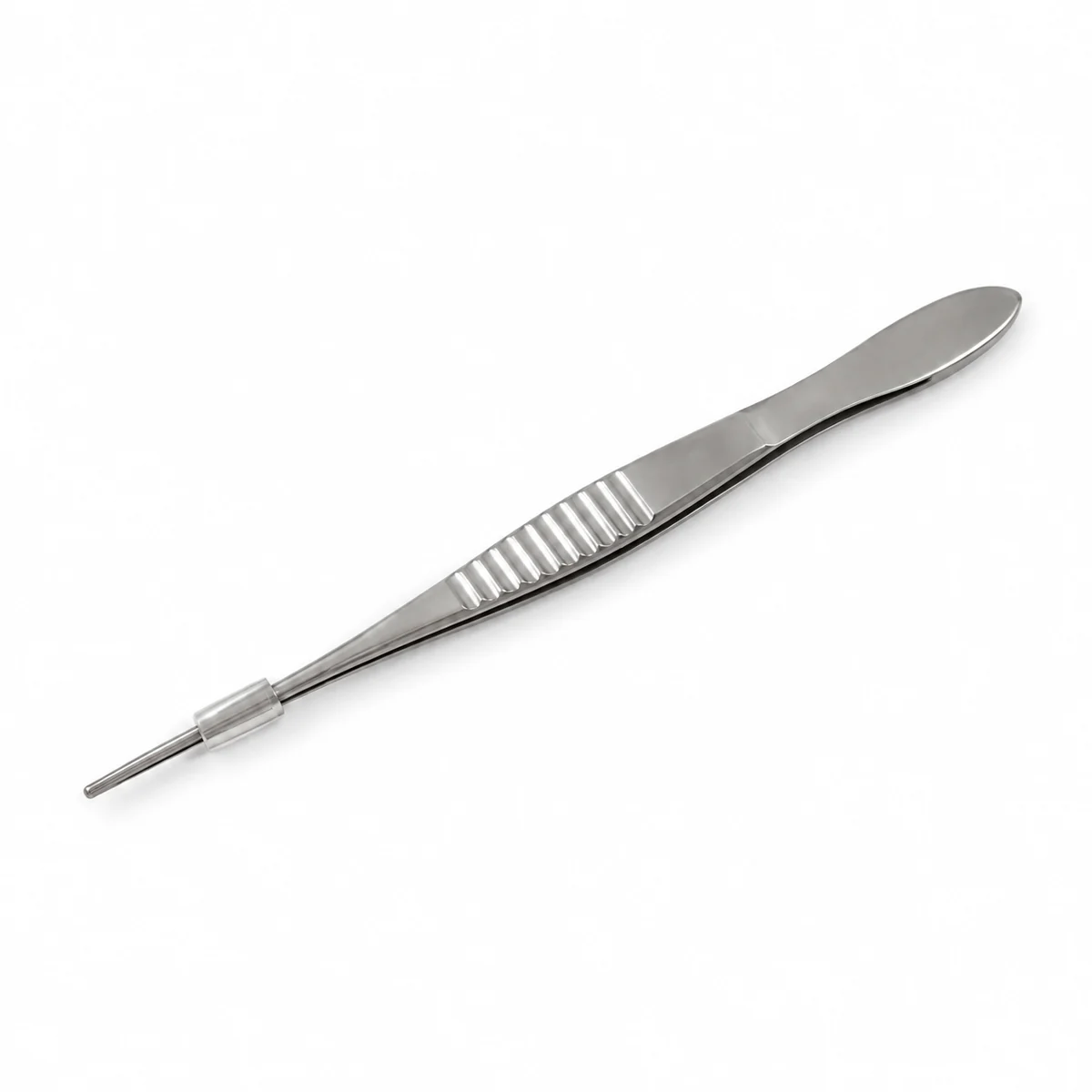 Slender stainless steel ophthalmic forceps, on a white background