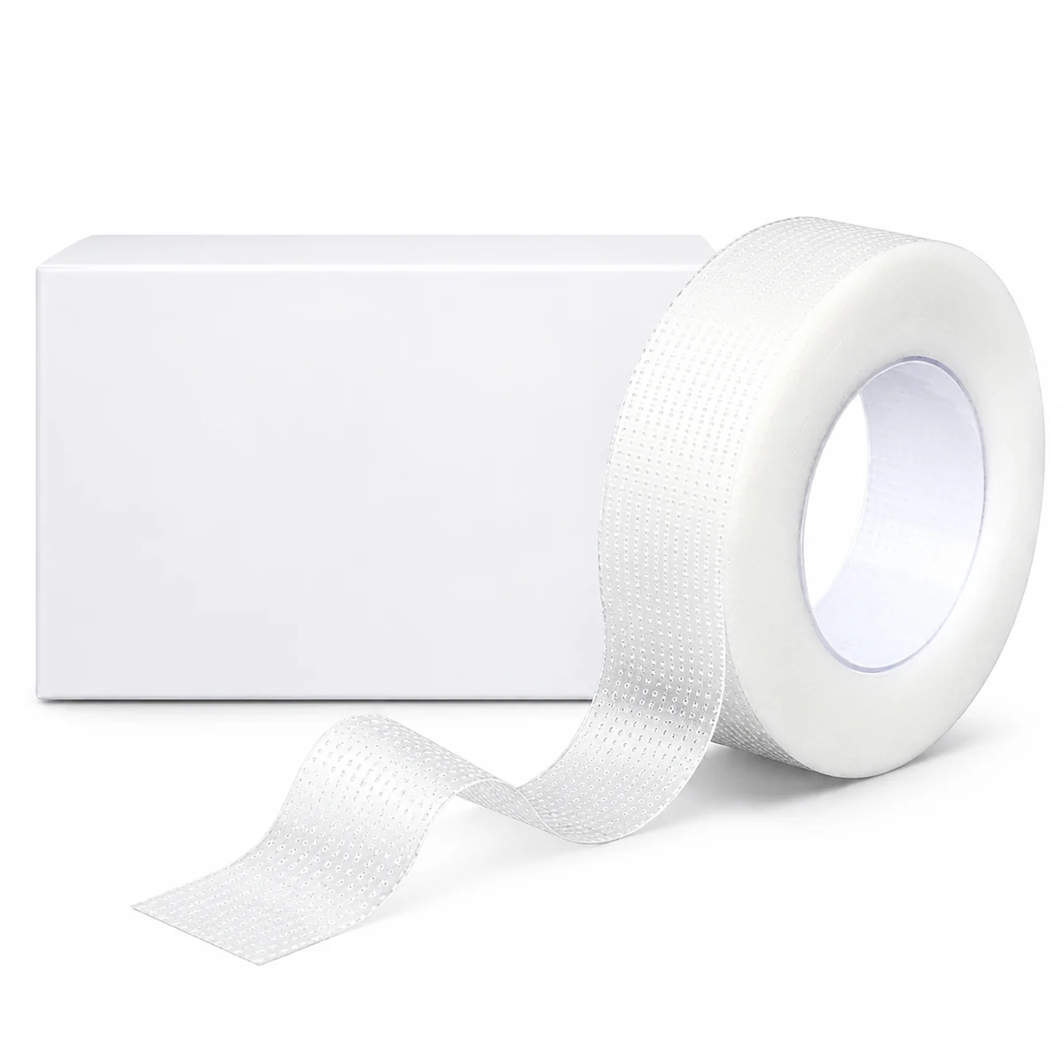 Roll of translucent perforated medical tape beside a plain white box, on a white background