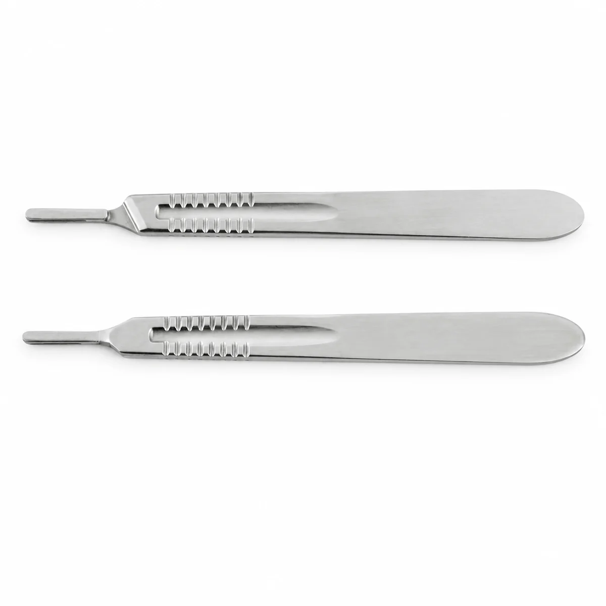 Two stainless steel scalpel handles, on a white background