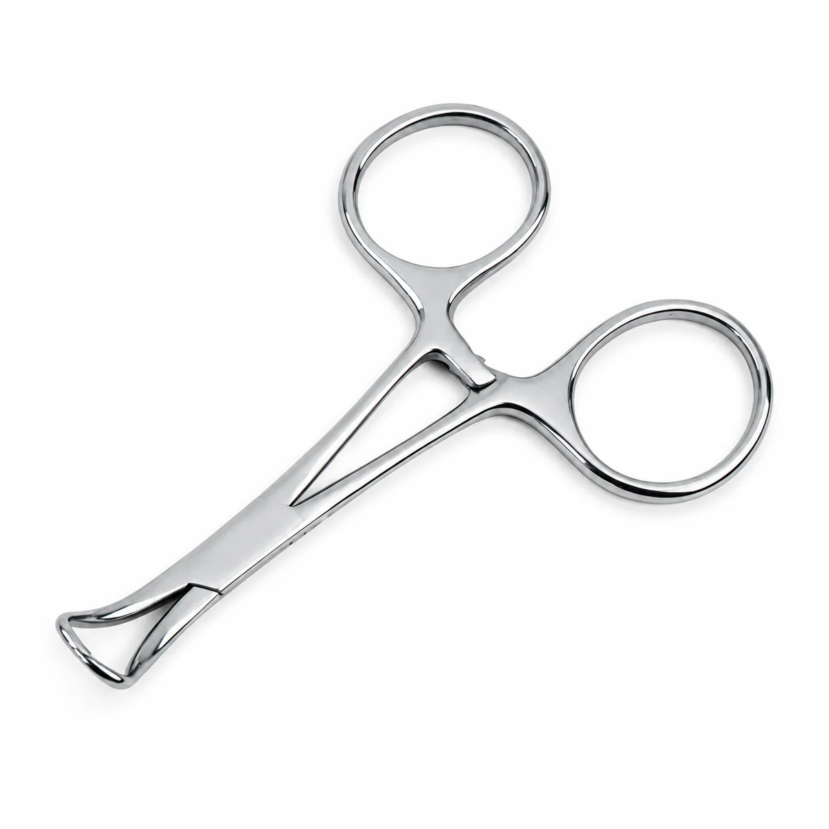 Stainless steel towel clamp with ring handles, on a white background